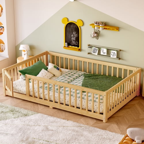 Montessori Style Full Size House Floor Bed with Safety Rails, Removable Door and Slats, Low Profile Design, Secure Sleeping and Play Area, Natural
