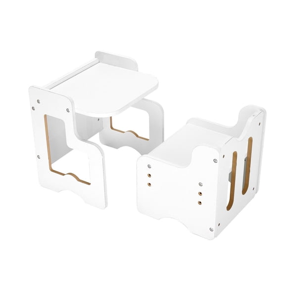 Montessori Table and Chair Set, 3 in 1 Wooden Toddler Table with Chalkboard, Adjustable Height for Ages 1-5, Drawing, Eating - White