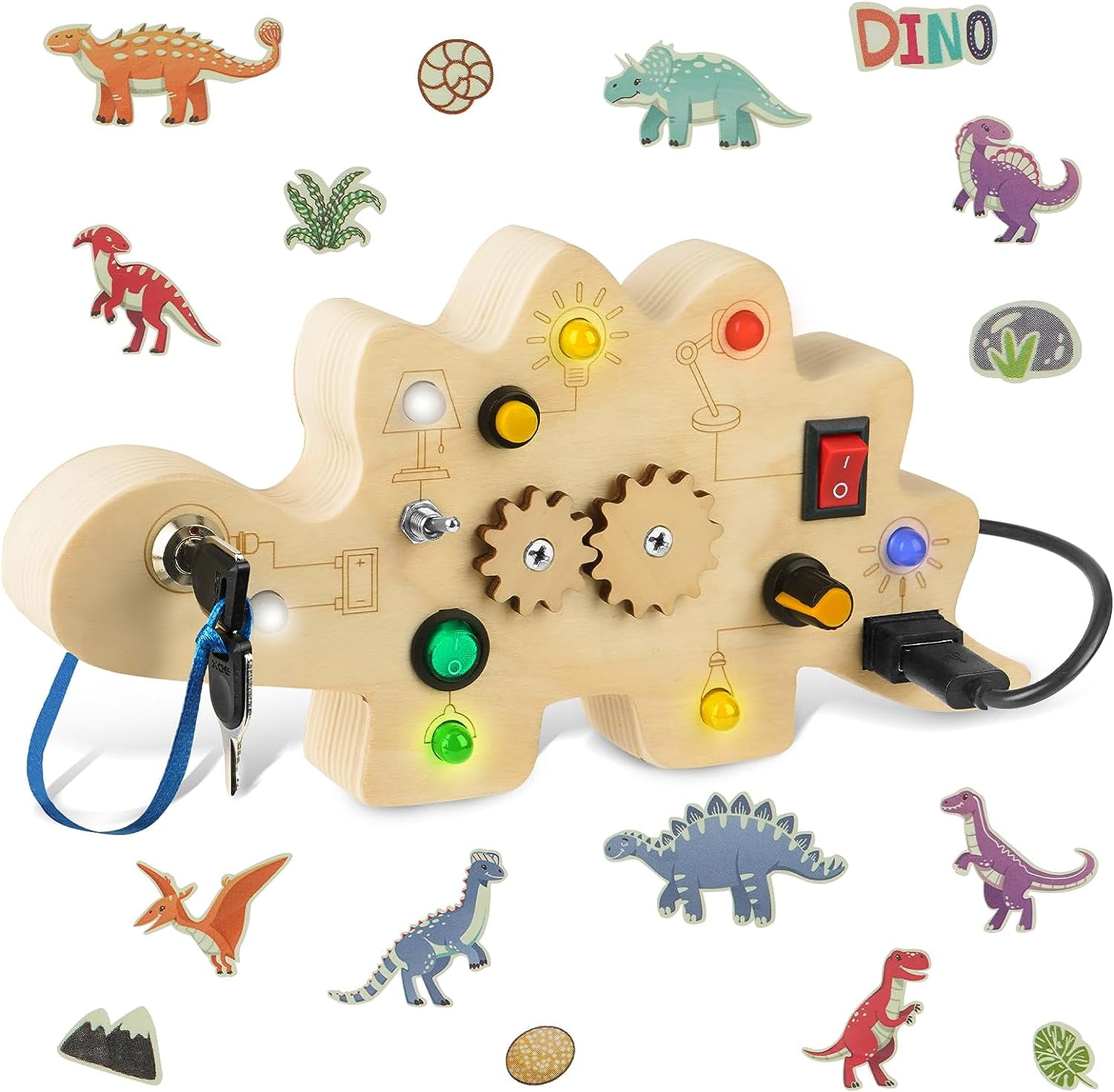 Montessori Busy Board, Wooden Kid Sensory Board, Dino Led Dinosaur Busy  Board