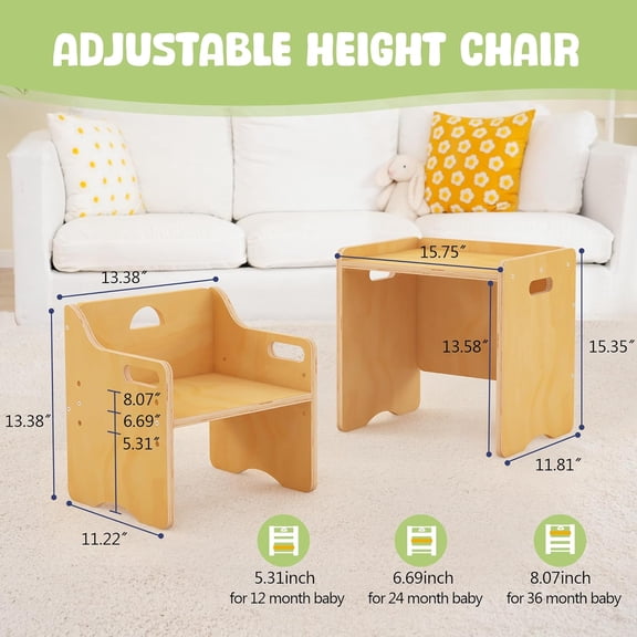 Montessori Toddler Table and Chair Set - Adjustable Seat Height Wooden Toddler Table, Kids Activity Step Stools, Kids Furniture for Eating, Drawing, Reading