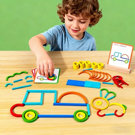 Montessori Toys 120pcs Wooden Pattern Blocks Shape Puzzles Sticks & Rings Wooden Puzzle Stem Gift for Christmas Party Birthday