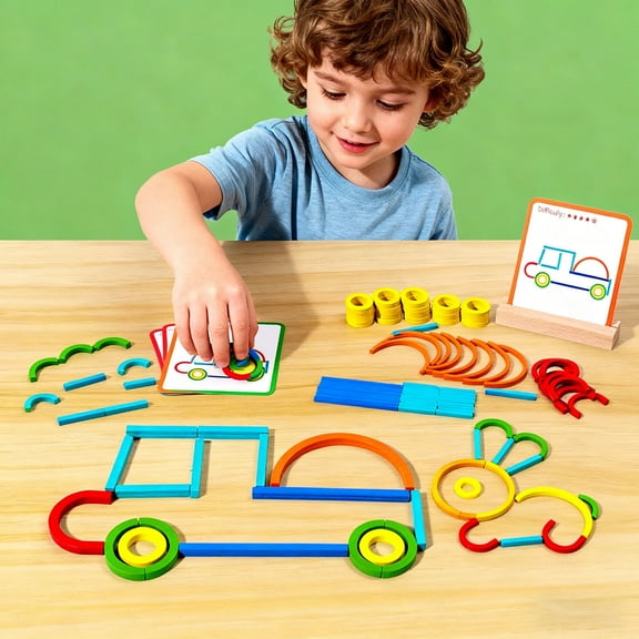 Montessori Toys 120pcs Wooden Pattern Blocks Shape Puzzles Sticks & Rings Wooden Puzzle Stem Gift for Christmas Party Birthday