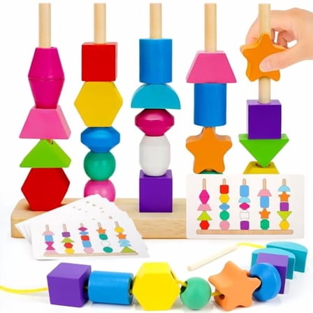 Montessori Toys for 2 3 4 Year Old Kid Boy Girl Toddler,Montessori Wooden Beads Sequencing Toy Set,Lacing Beads & Stacking Block & Matching Shape Stacker,STEM Preschool Learning Toy Birthday Gift