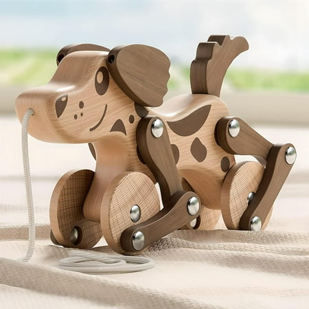 Montessori Toys Boys Girls, Wooden Walking Running Pull Dog Toy for Toddler, Walk Along Puppy Pull