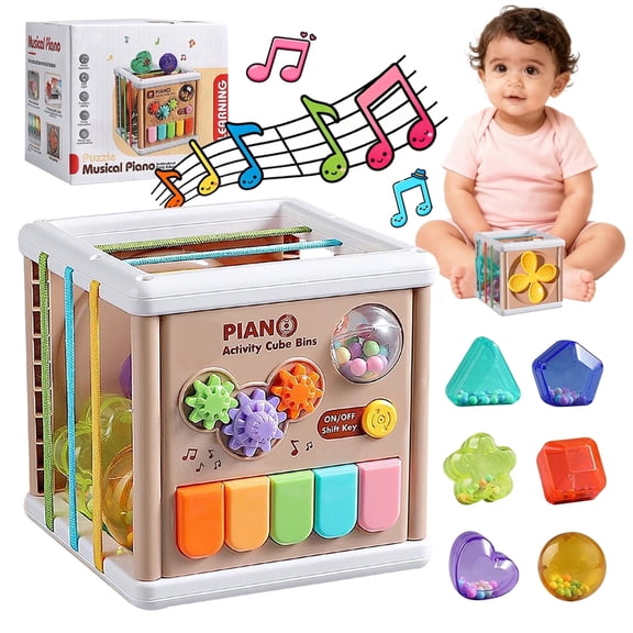 Sytle-Carry Musical Activity Cube with Piano & Shape Sorter, Sensory Learning Toys for Toddlers 1-3, Baby Toys for 12-24 Months with Lights & Sounds