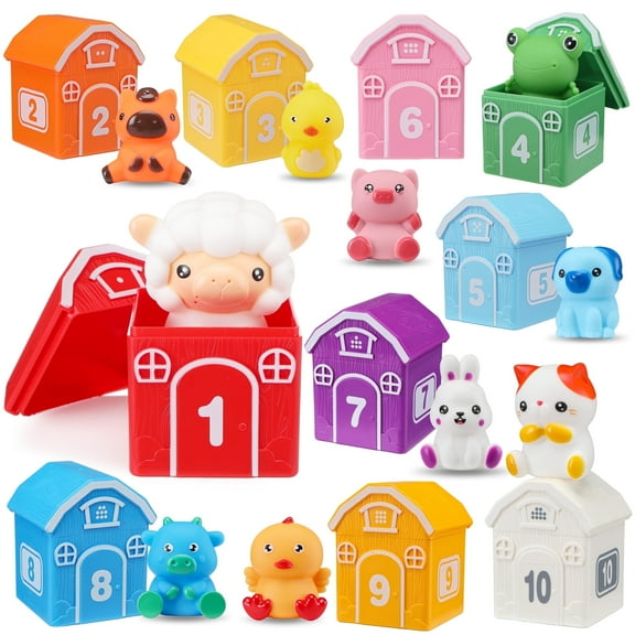 Montessori Toys for Toddlers, 20Pcs Farm Animal Toy Counting, Matching, Sorting Preschool Learning Toy Barn Toy including 10 Barns,10 Finger Puppets and 2 DIY Stickers