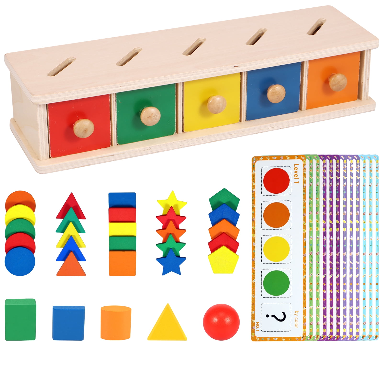 Montessori Toys Wooden Color & Shape Sorter Toys for Toddlers 13 Matching Box Sorting Blocks