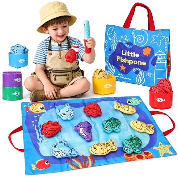Montessori Toys for 1 Year Old - 10 in 1 Cloth Fishing Game with Stacking Cups, Number Counting Color Sorting Learning for Toddlers 12-18 Months