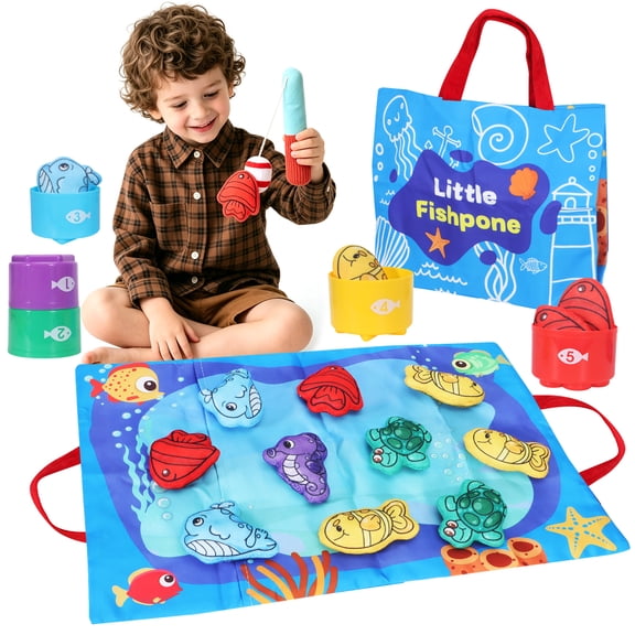 Montessori Toys for 1 Year Old - 10 in 1 Cloth Fishing Game with Stacking Cups, Number Counting Color Sorting Learning for Toddlers 12-18 Months