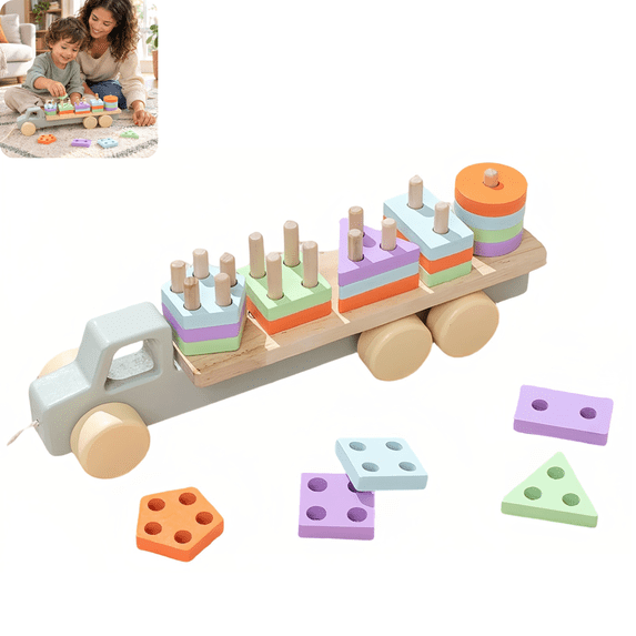 Learn 5 Basic Shapes Montessori Toys for 1 Year Old, Wooden Pull Along Truck with 20 ...
