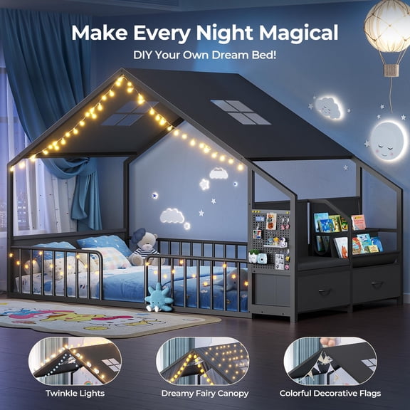 Montessori Twin Floor Bed, House Shape Bed with Sling Bookshelve, Storage Drawer, Reading Nook, Safety Guardrail, Easy Assembly,Wide Soft Padded Seat,Black