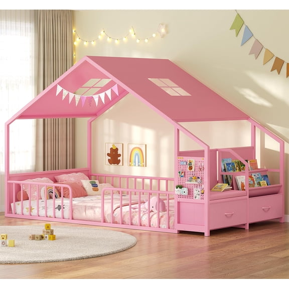 Montessori Twin Floor Bed, House Shape Bed with Sling Bookshelve, Storage Drawer, Reading Nook, Safety Guardrail, Easy Assembly,Wide Soft Padded Seat, Pink