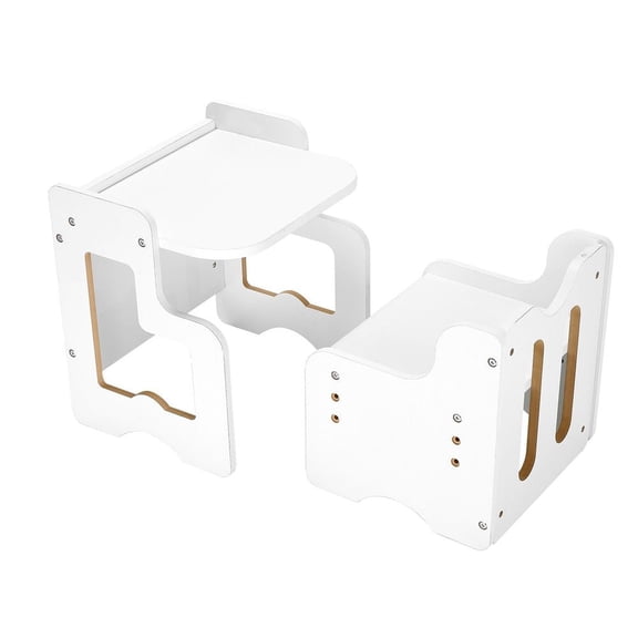 Montessori Weaning Table and Chair Set, 3 in 1 Wooden Toddler Table and Chairs with Chalkboard, Adjustable Height Montessori Table for Ages 1-5, Ideal for Drawing, Reading, Eating - White