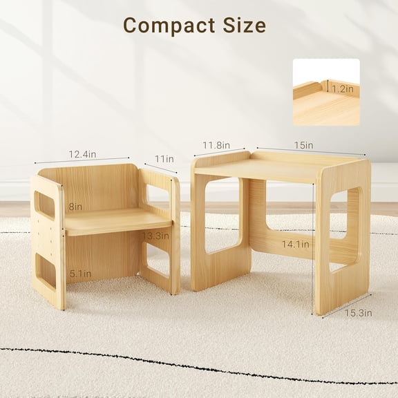 Montessori Weaning Table and Chair Set - 3 Adjustable Height Kids Activity Table with Fence Wood Toddler Table and Chair Set for 1-3 Age Kids for Read, Playing, Eating, Step Stool
