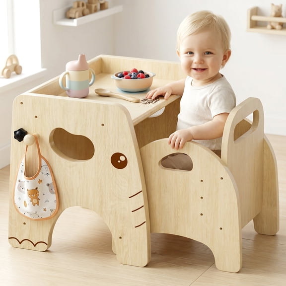 Montessori Weaning Table and Chair Set, Adjustable Design, Elephant Theme Wooden Toddler Table and Chair Set for Toddlers 1-3, Ideal for Mealtime, Learning and Play, Kids Montessori Furniture