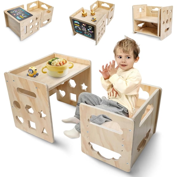 Montessori Weaning Table and Chair Set, Wooden Toddler Table and Chair Set, 1-3 Age Kids Table and Chairs with Blackboard & 3 Heights Adjustable for Eating & Drawing & Reading