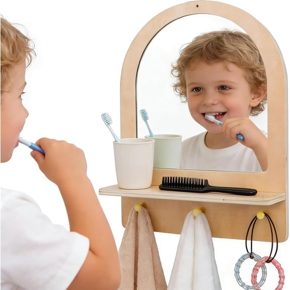 Montessori Wooden and Acrylic Mirror for Toddlers, Wall Mount Mirror with Hooks & ShelfShatterproof, Natural Wood, Easy Assembly Furniture for Entryway, Nursery Living Room Hallway Bathroom