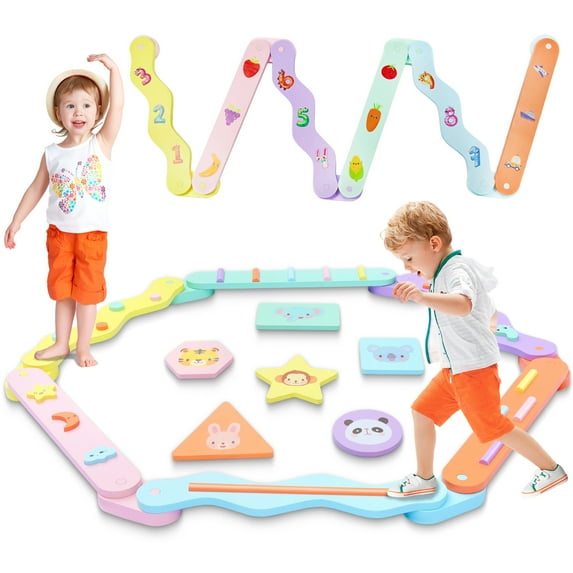 Montessori Wooden Balance Beam Stepping Stones for Kids Toddlers Obstacle Course Colorful Shapes Cartoon Number Designs Safe Non-Slip Enhances Toddler coordination Skills Sensory Educational Toy