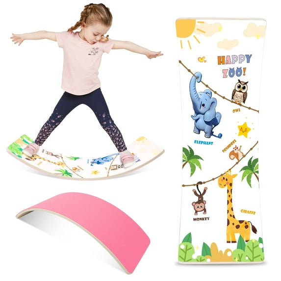 Montessori Wooden Balance Board Rocker Wobble Board for Kids Toddler 35inch Anti-slip Felt Pads Animal Prints Ideal for Balance Coordination Skills Balance Toys Pink