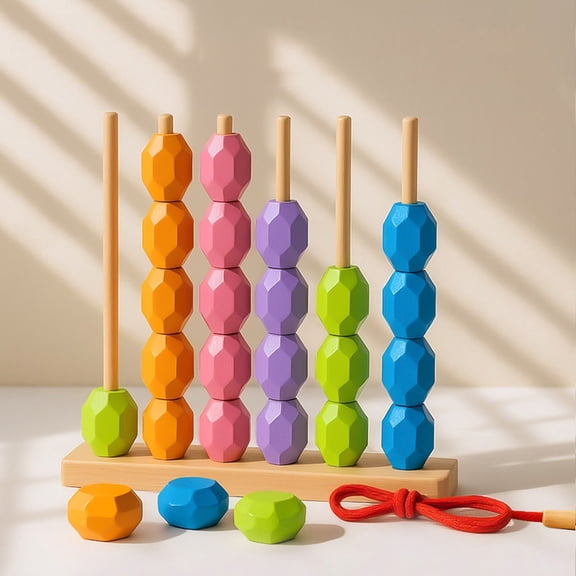 Montessori Wooden Beads Sequencing Toy Set, Stacking Blocks Lacing Beads Shape Sorter, STEM Preschool Learning Toys for 2 3 4 5 Year Old Boys Girls Toddlers