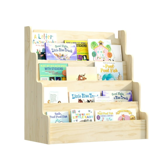 Montessori Wooden Bookcase for Kids - 4-tier Toddler Bookshelf with Front-Facing Display,Baby Magazine Storage Rack for Nursery, Classroom, Bedroom, Playroom