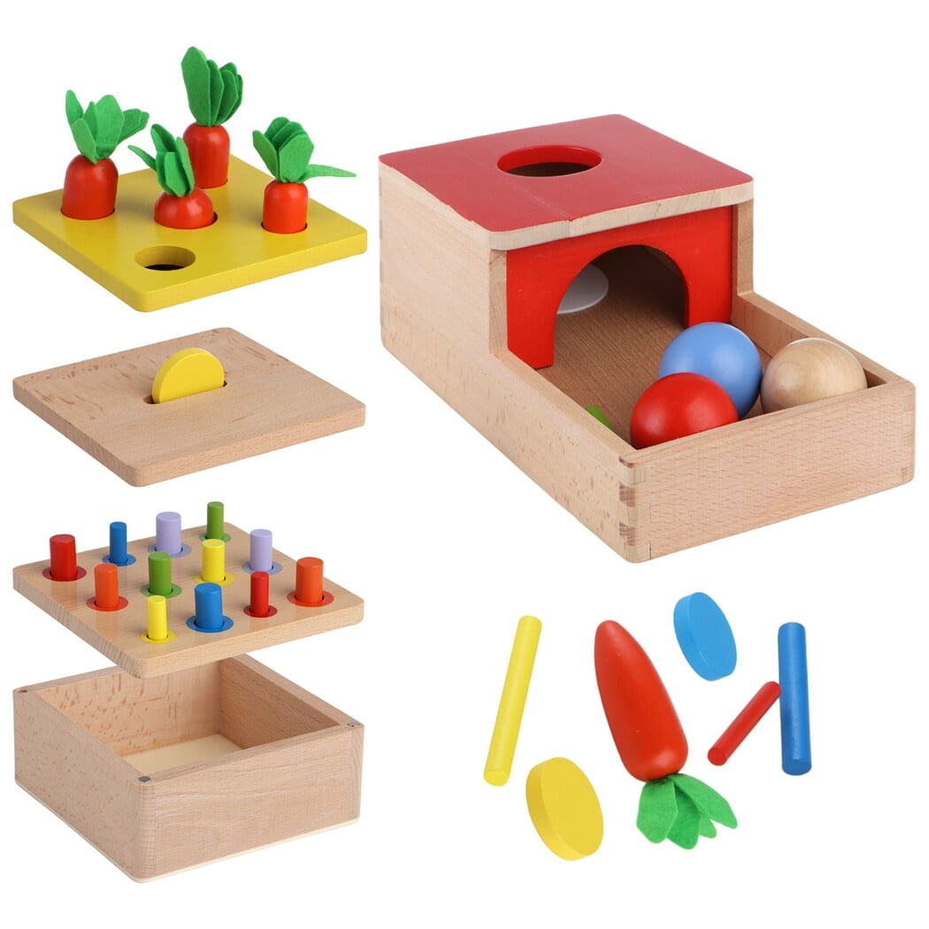 Montessori Wooden Cube Activity Center, 4in1 Sensory Sorting Toy Kit