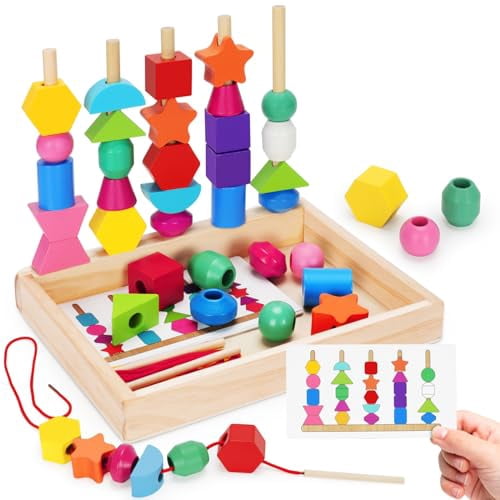 Montessori Wooden Lacing Beads Toys for 2 3 4 Year Old Toddler Kids ...