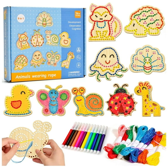 Montessori Wooden Lacing Cards Toys for 1 2 3 Toddlers Preschool Learning Sewing Kit with 9 Animals for 36+Month Kids Arts and Crafts Kit for 3 4 5 6 Fine Motor Skills Toys Gift for Boys Girls