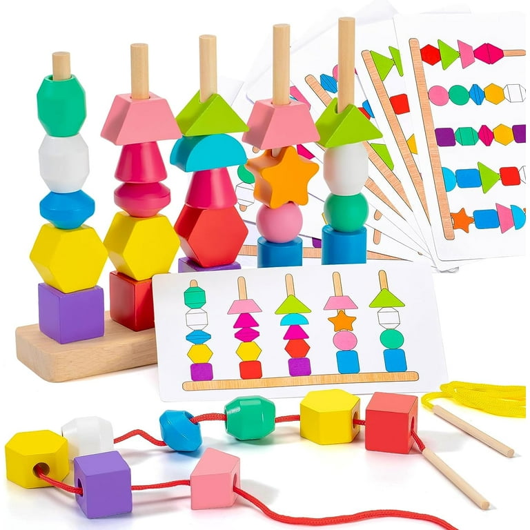 Montessori Wooden Toy Bead Set, Stacking Blocks & Lacing Beads & Matching  Shapes Colors Stacking Toys , Toddlers Preschool Learning Toys 