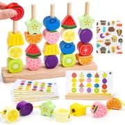 Montessori Wooden Toys for 2 3 4 Year Old Boys Girls Threading Beads Stacking Blocks Learning Set Fine Motor Skills Toys for Toddlers Travel Educational Toddlers Toy for 2-5 Year Old Boy Girl