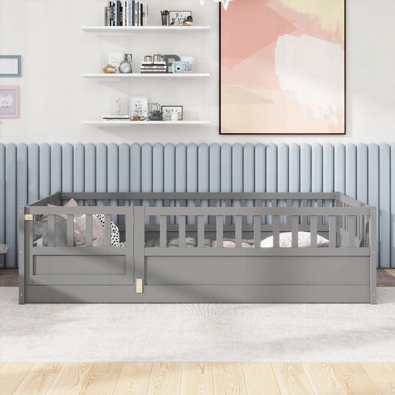 Twin Size Floor Bed with Super High Security Barrier & Door, Montessori Wooden Frame in Grey