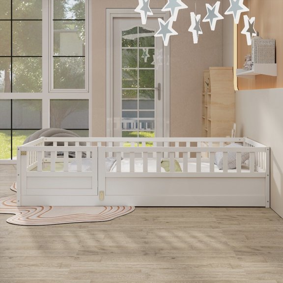 Montessori Wooden Twin Size Floor Bed featuring Integral Construction & High Safety Barrier, Door, White Support Slat
