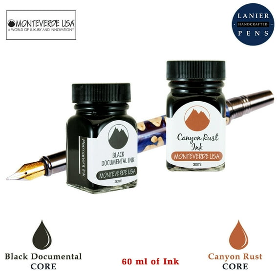 Monteverde 60ml Core Fountain Pen Ink Bottle (30ml Black Documental Ink Bottle G309DB, 30ml Canyon Rust Ink Bottle G309CP)