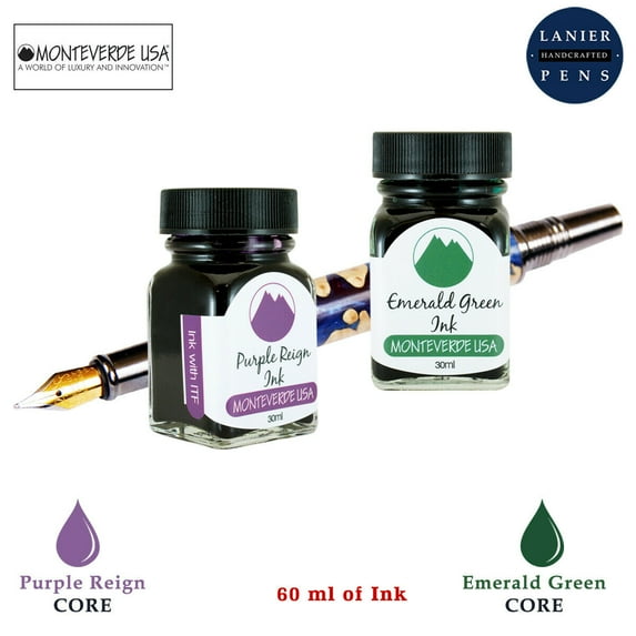 Monteverde 60ml Core Fountain Pen Ink Bottle (30ml Purple Reign Ink Bottle G309PR, 30ml Emerald Green Ink Bottle G309EG)