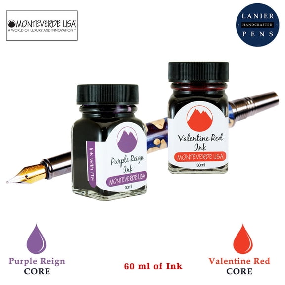 Monteverde 60ml Core Fountain Pen Ink Bottle (30ml Purple Reign Ink Bottle G309PR, 30ml Valentine Red Ink Bottle G309VR)