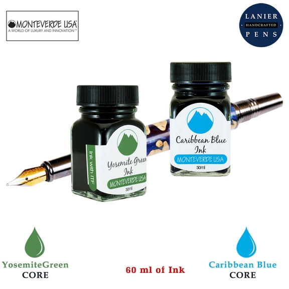 Monteverde 60ml Core Fountain Pen Ink Bottle (30ml Yosemite Green Ink Bottle G309YG, 30ml Caribbean Blue Ink Bottle G309CU)