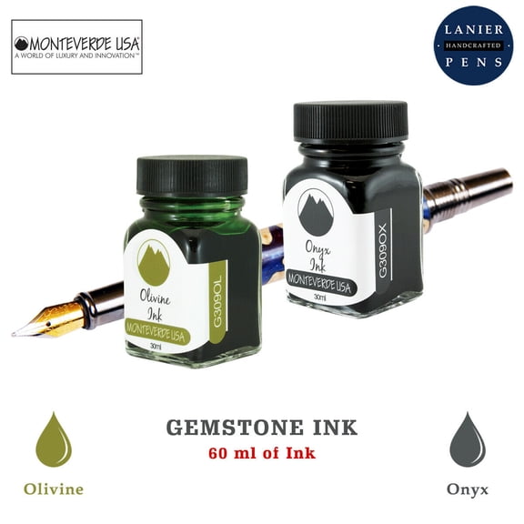 Monteverde 60ml Gemstone Fountain Pen Ink Bottle (30ml Olivine Ink Bottle G309OL, 30ml Onyx Ink Bottle G309OX)