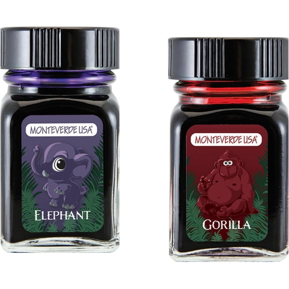 Monteverde 60ml Ink, Elephant (Purple), Gorilla (Red) Jungle Ink (G309EL, G309GO) Fountain Pen Ink (30ml Each Ink Bottle, 2 Pack)