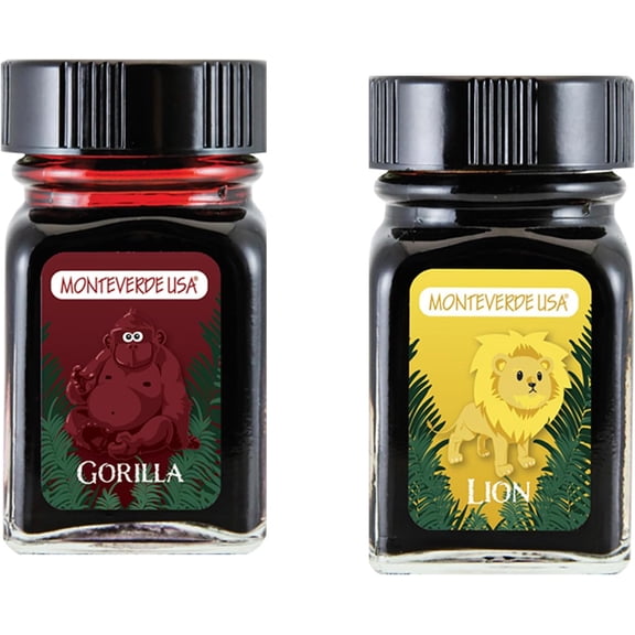 Monteverde 60ml Ink, Gorilla (Red), Lion (Yellow) Jungle Ink (G309GO, G309LI) Fountain Pen Ink (30ml Each Ink Bottle, 2 Pack)