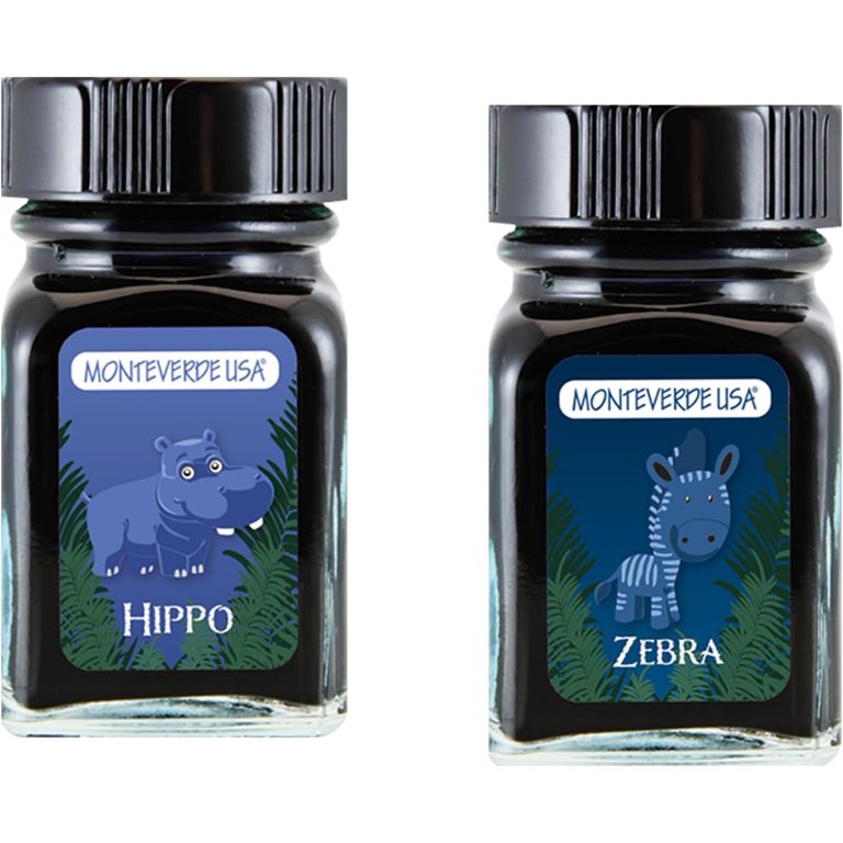 Monteverde 60ml Ink, Hippo (Dark Blue), Zebra (Blue) Jungle Ink