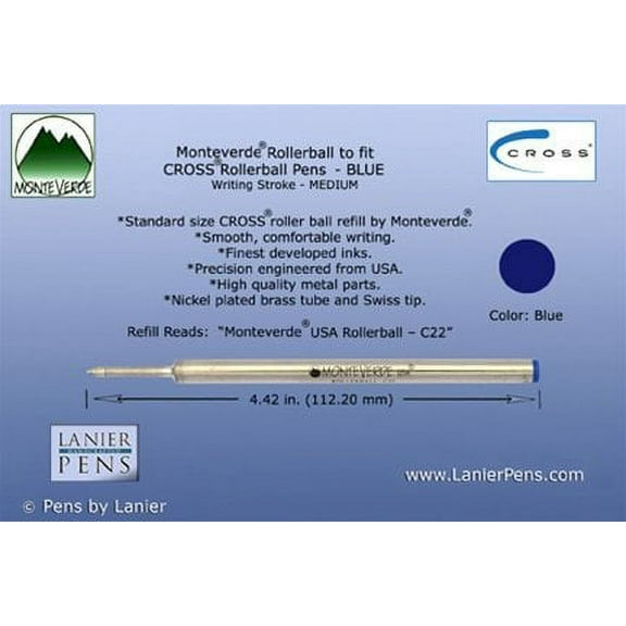 Monteverde C22 Rollerball Refill to Fit Cross Style Rollerball Pens - Black, Fine, 2 Pack (C222BK)