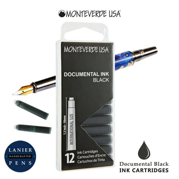Monteverde G305DB Ink Cartridges Clear Case Documental Permanent Black-Pack of 12