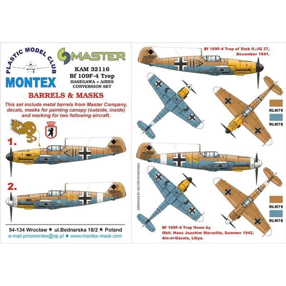 Montex KAM 1:32 Bf-109 F-4 Trop for Hasegawa + Aires Mask + Metal Part #KAM32116