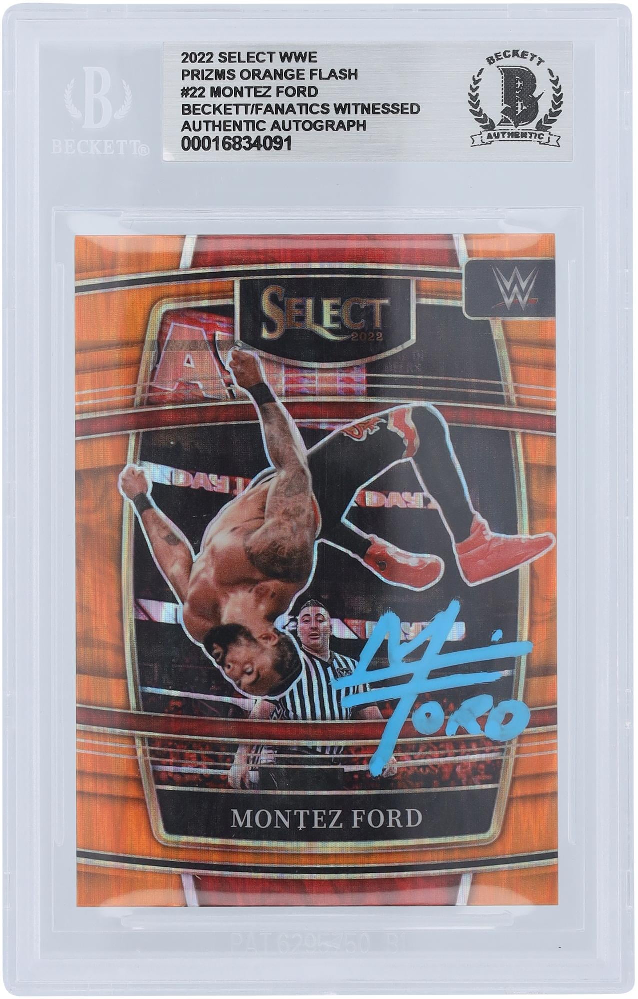 Montez Ford WWE Autographed 2022 Panini Select Orange Flash Prizm Blue Paint #22 Beckett Fanatics Witnessed Authenticated Card - Fanatics Authentic Certified