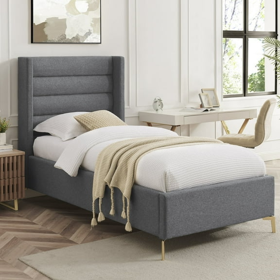 Montez Upholstered Linen Twin XL Wingack Platform Bed, Grey