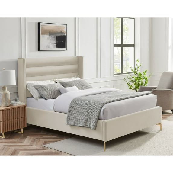 Montez Upholstered Velvet Queen Size Wingback Platform Bed, Cream White