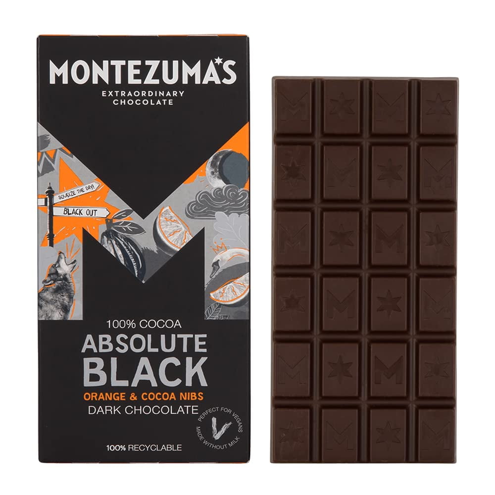 Montezuma's Absolute Black Dark Chocolate with Orange & Cocoa Nibs 90g Bar (Pack of 3)
