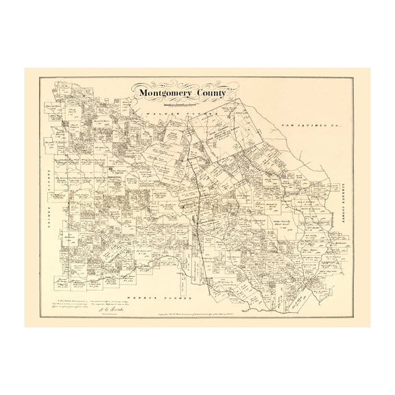 Montgomery County Texas Art, 1880 Vintage Map of Montgomery County TX History Wall Decor Gift, Old Montgomery County TX Map - 36" x 24" Unframed Print