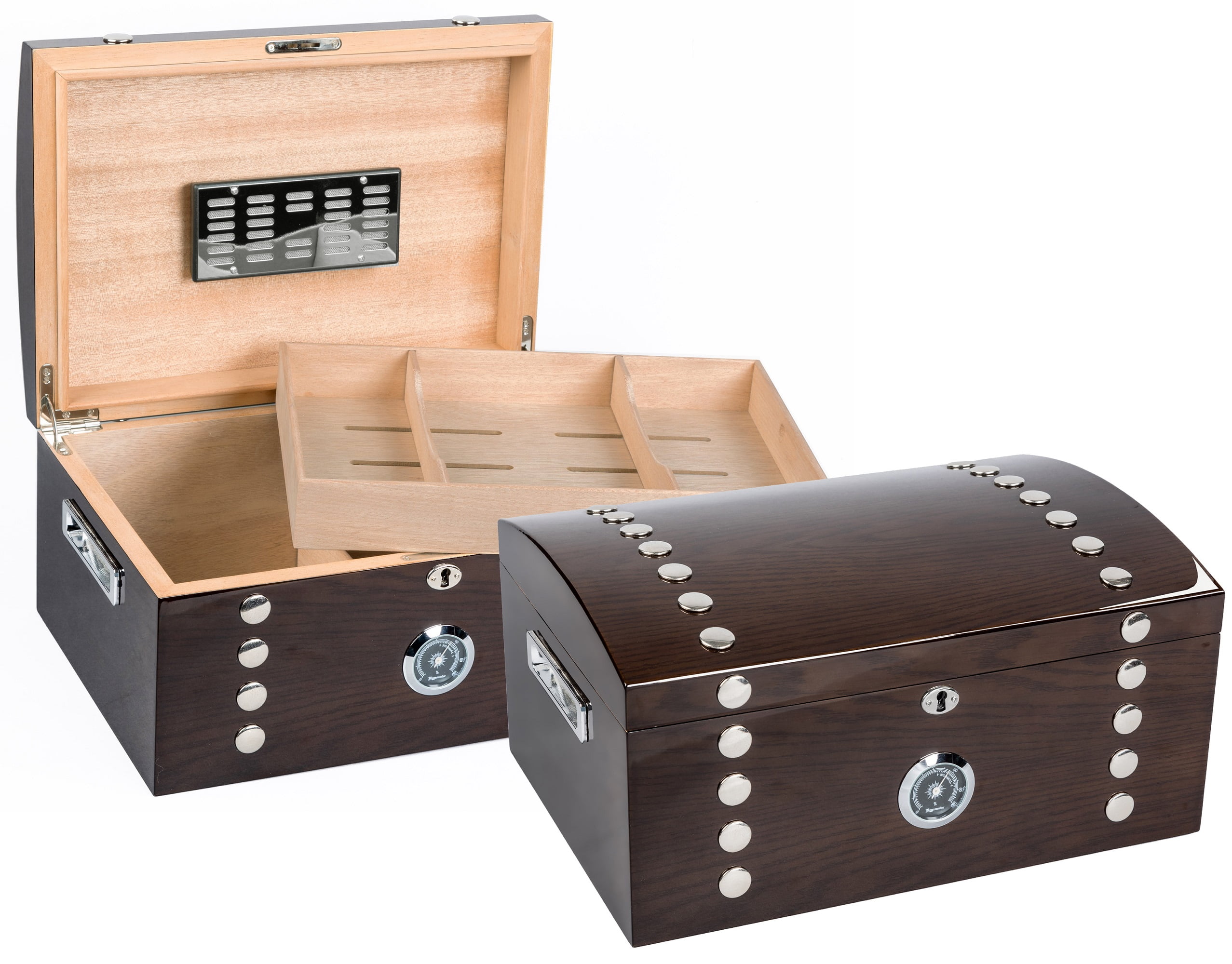 Montgomery Studded Chest Cigar Humidor - Dark Mahogany Lacquer Finish - Capacity: 150