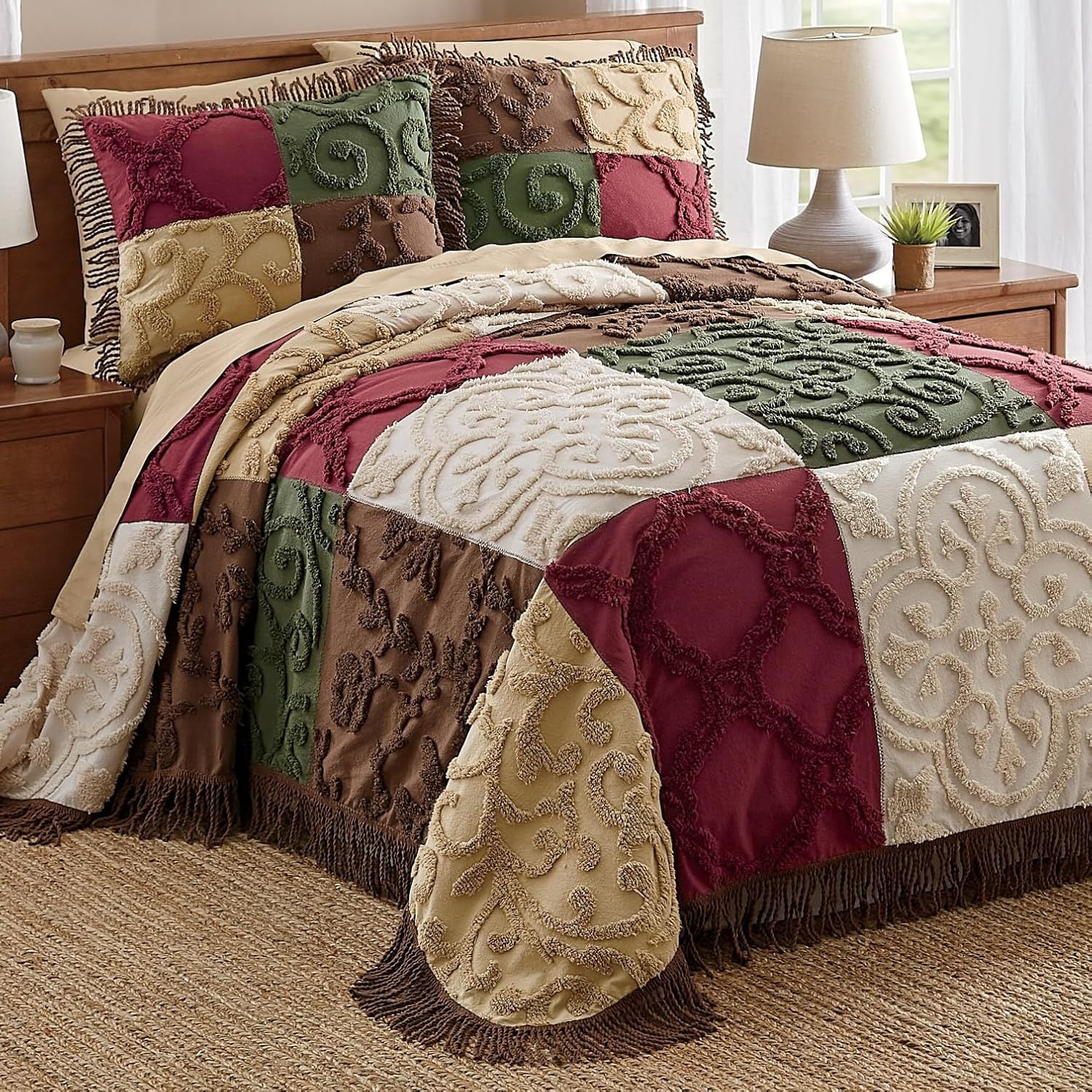 Chenille Patchwork Bedspread Full/Queen - Jewel Tone Cotton Trellis Pattern